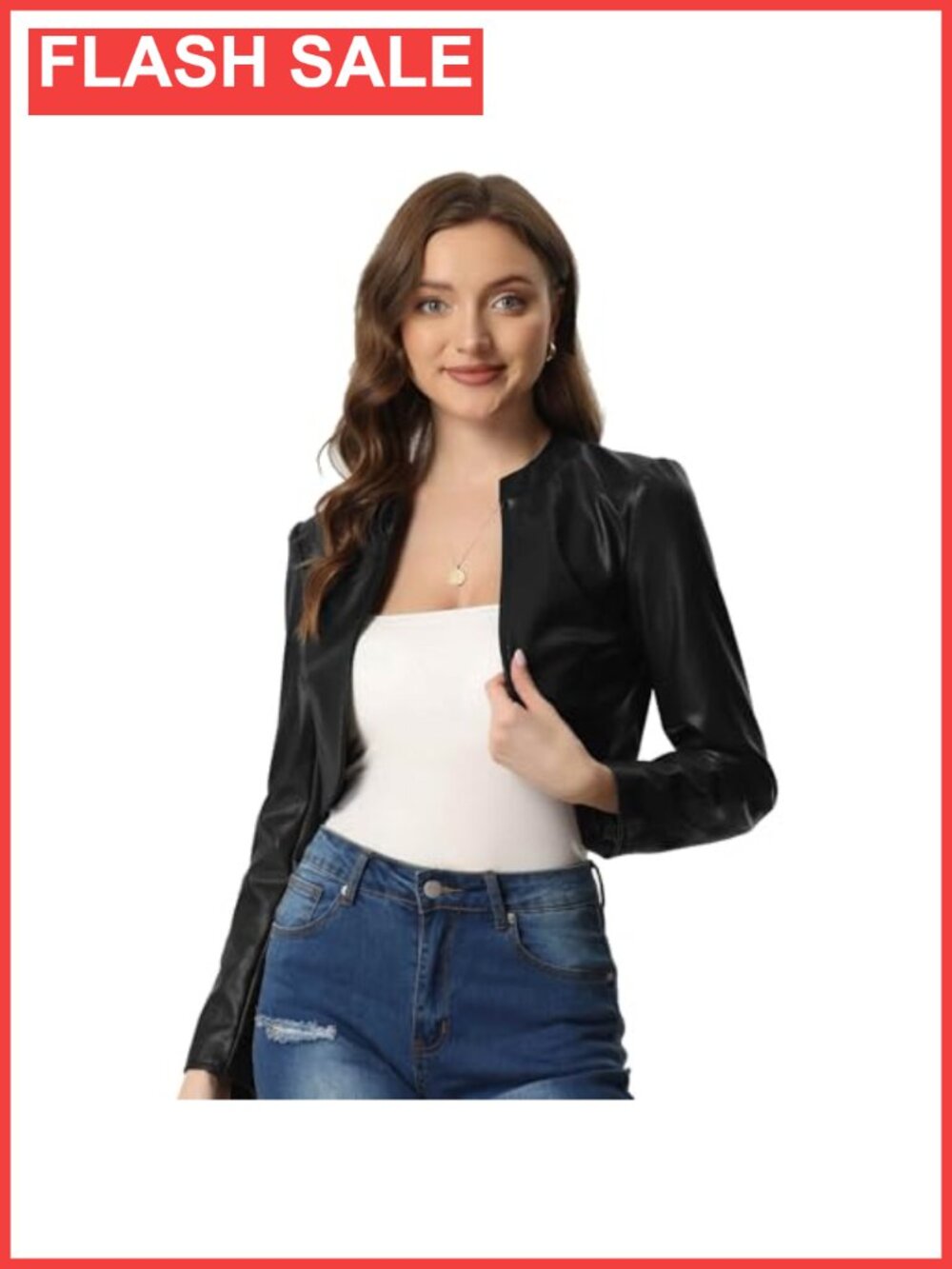 Faux Leather Jacket Open Front Long Sleeve PU Cropped Moto Biker Outwear